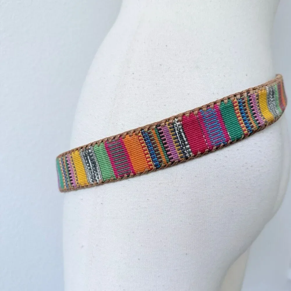 Vintage Whipstitch Brown Leather Stitched Belt Buckle Stripe Western XL